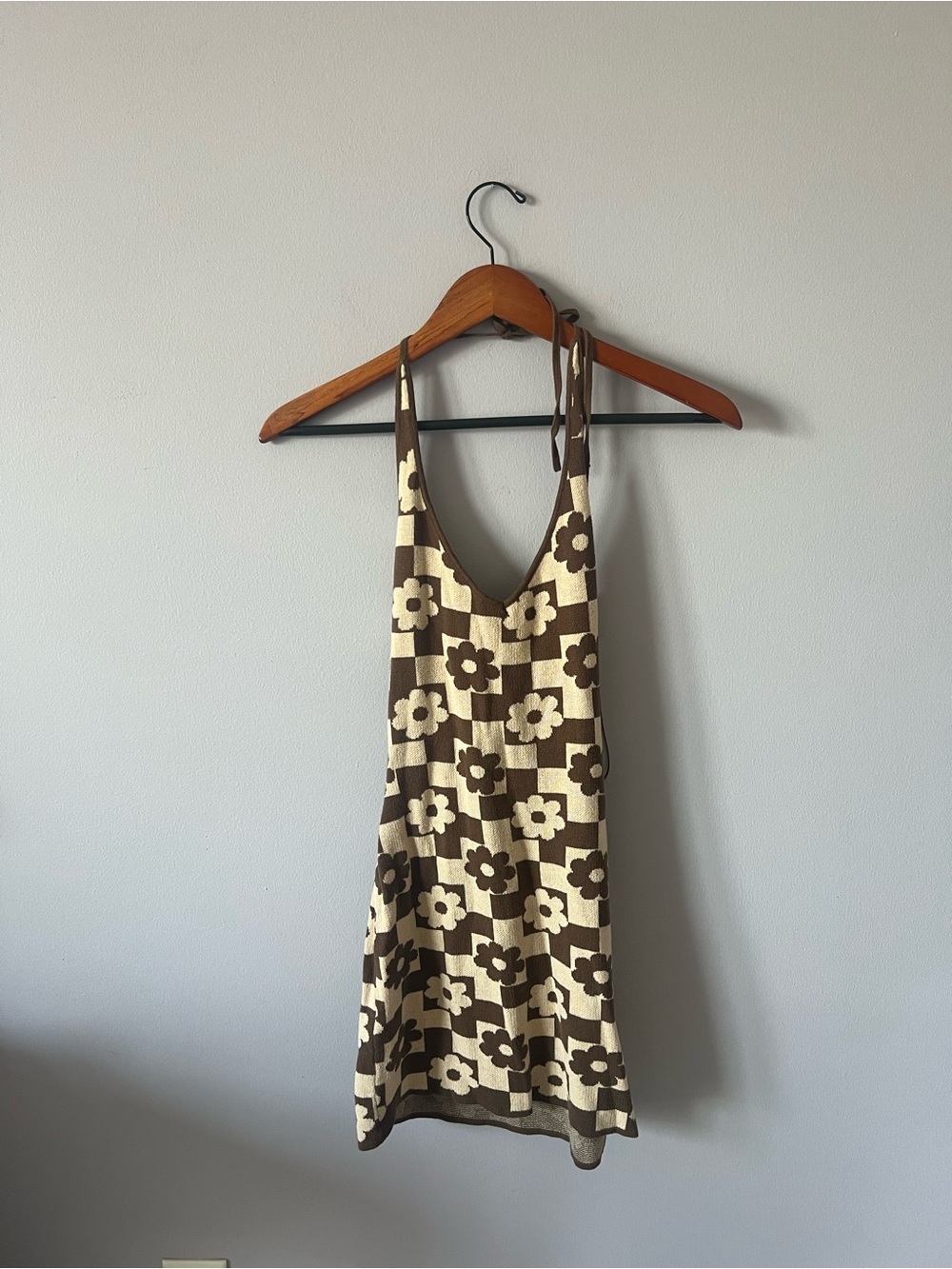 Floral Check Knit Mini Dress in Cream and Brown